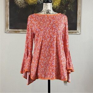 Prelude Womens Size Medium Orange Pink Floral Print Bell Sleeve Blouse NWT